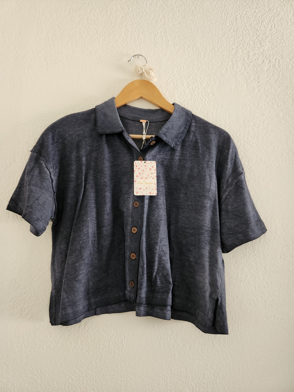 Free People Slate Blue Button-Front Cropped Shirt